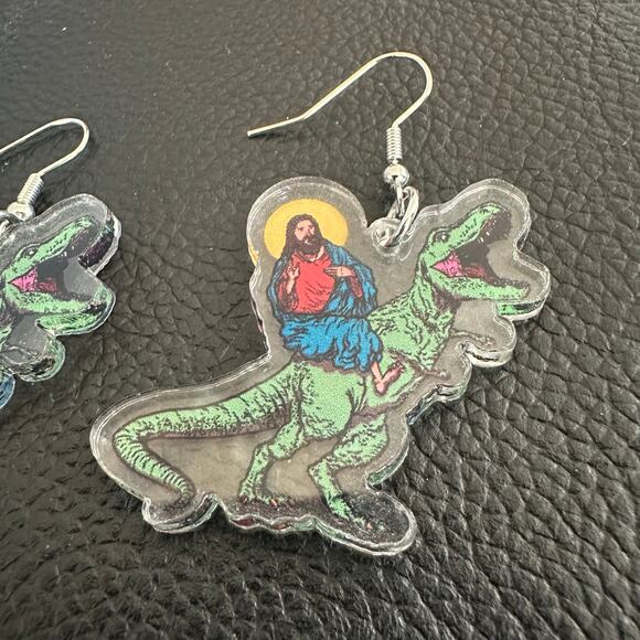 Jesus Riding a T-Rex Comedy Funny earrings - Picture 1 of 4